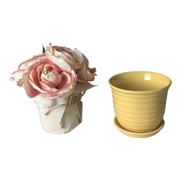 Shabby Chic Pink Faux Peony Floral & Yellow Ribbed Ceramic Pot Set Home Decor - Picture 2 of 11